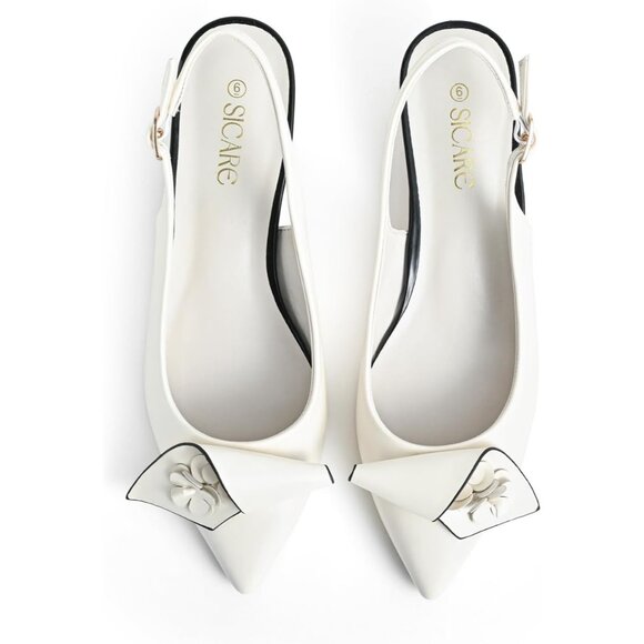 Sicare Slingback Heels Pumps Synthetic White Women Flower Block Heel Dress Shoes - Picture 8 of 13